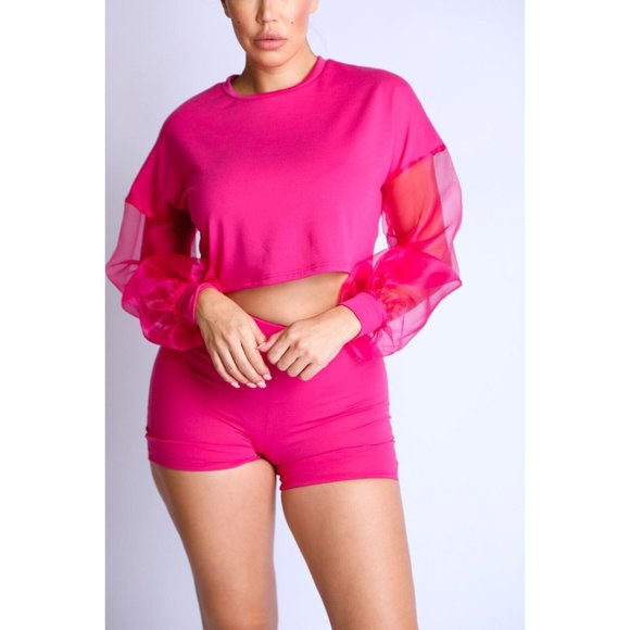 Women's Casual Crew Neck Organza Puff Sleeve Top & Elastic Waist Shorts 2Pcs Set - Picture 9 of 9